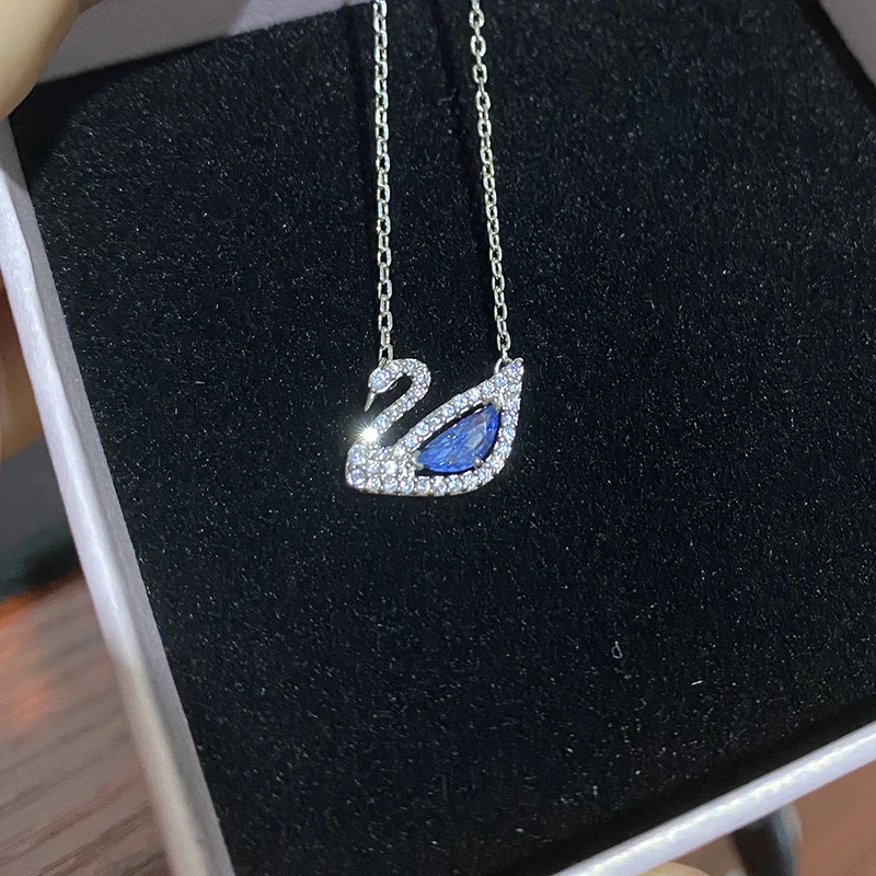 

1:1 Original S925 Sterling Silver Crystal Zircon Swan Chain O Chain Collarbone Chain Pink Blue Ladies Neck Pendant