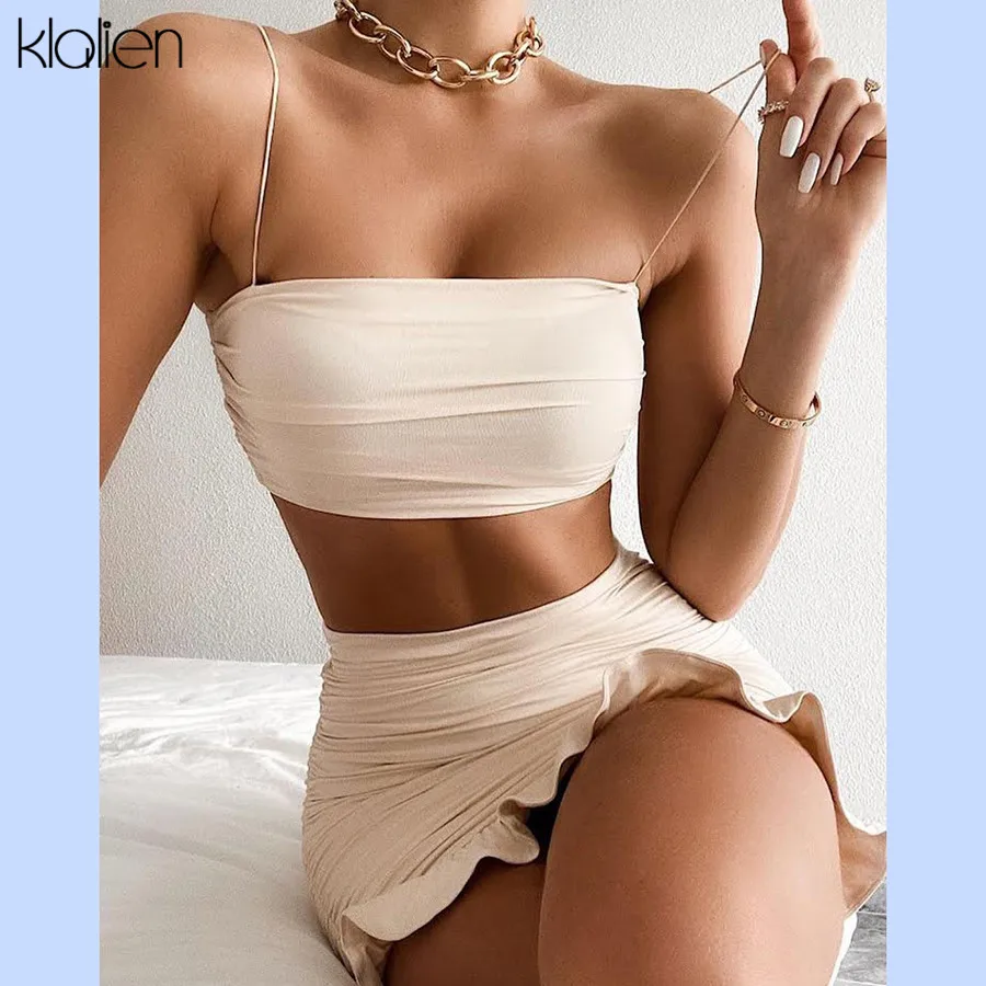 Kalien/модный сексуальный женский комплект с юбкой из двух предметов оборками