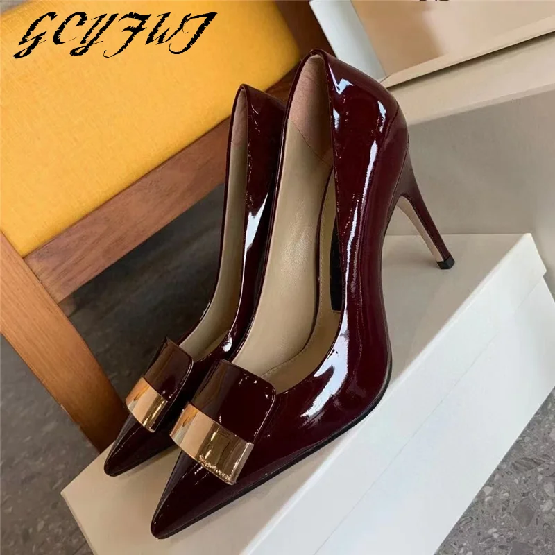 

Office Lady Women Single Shoes Pointed Toe Genuine Leather And Metal Decoration Shallow High Heel Women Shoes Thin Heels Slip-on