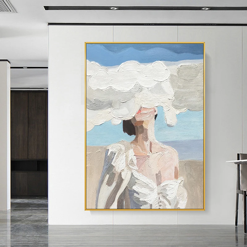 

Hand Painted Oil Painting on Canvas Abstract Grey White Cloud Girl Bedroom Living Room Home Decor Wall Hang Art Artwork No Frame