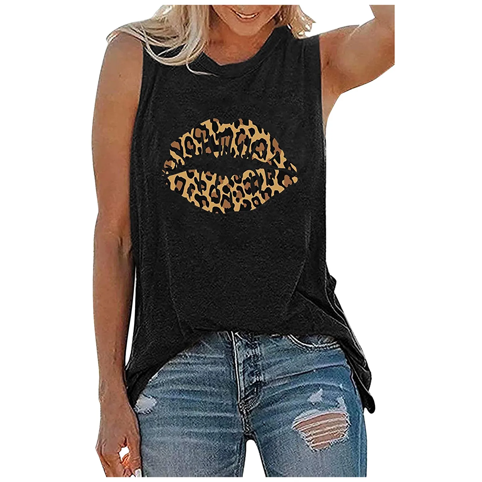 

Топ женский с леопардовым принтом губ и круглым вырезом, модная повседневная майка без рукавов, в стиле Харадзюку, на лето