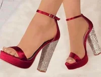 Burgundy Silk Sliver Crystal Square Heels Woman Buckle Platform Sandals Party Bling Bling Heels Sexy Club High Heel Party Shoes