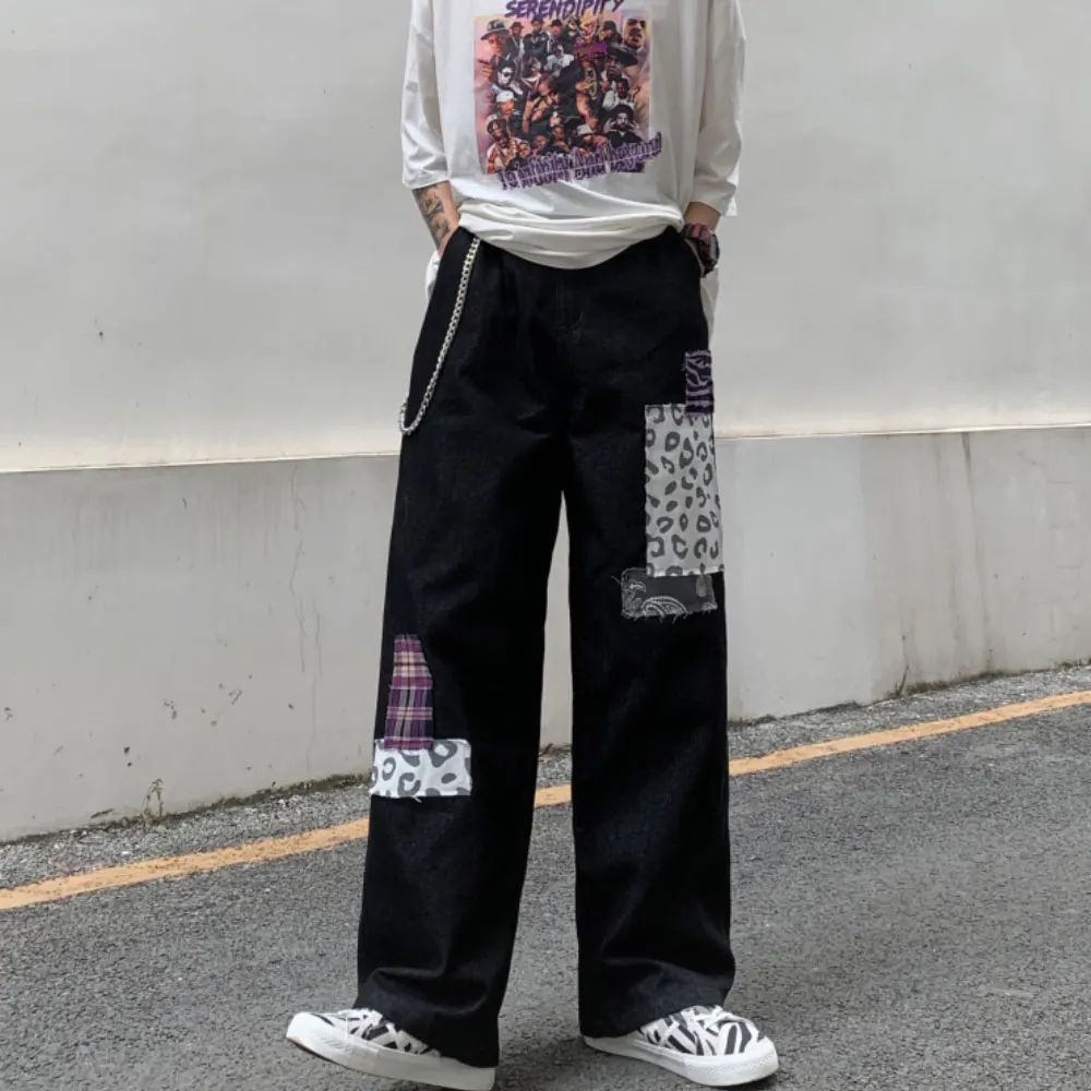 

ZOTTSOZ Patchwork Bandana Wide Leg Jeans Casual Harajuku Straight Denim Pants Women 2021 Vintage Streetwear Trousers With Chain