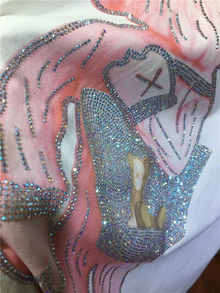 

Rhinestone T-shirt Women's Sesame Street White Short Sleeve round Neck Summer New Loose Mid-Length Large Version Top