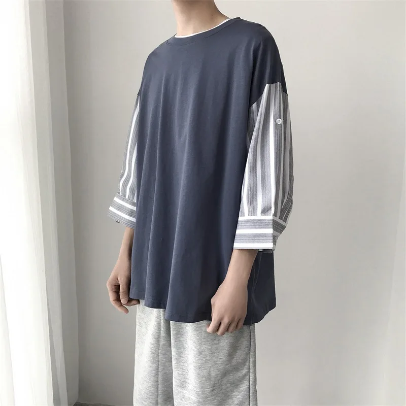 

Fashion Three Quarter Short Sleeves Men T- shirt O NECK Striped Shirt Men's Cotton 2020 Summer Loose Clothes TOP TEES Tshirt