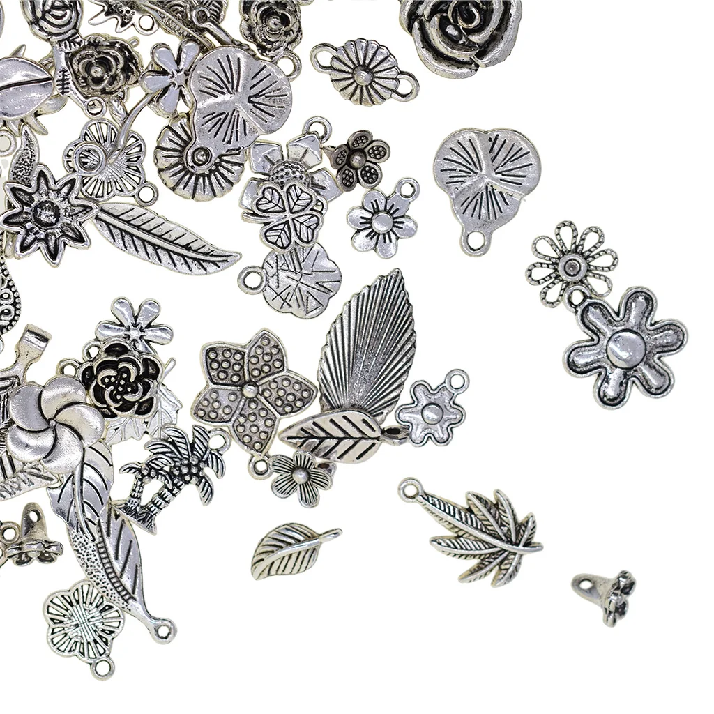 100 Grams Tibetan Silver Plated Mixed Plant Leaves Flowers Charms Pendants Connectors DIY for Jewelry Making and Crafting | Украшения и