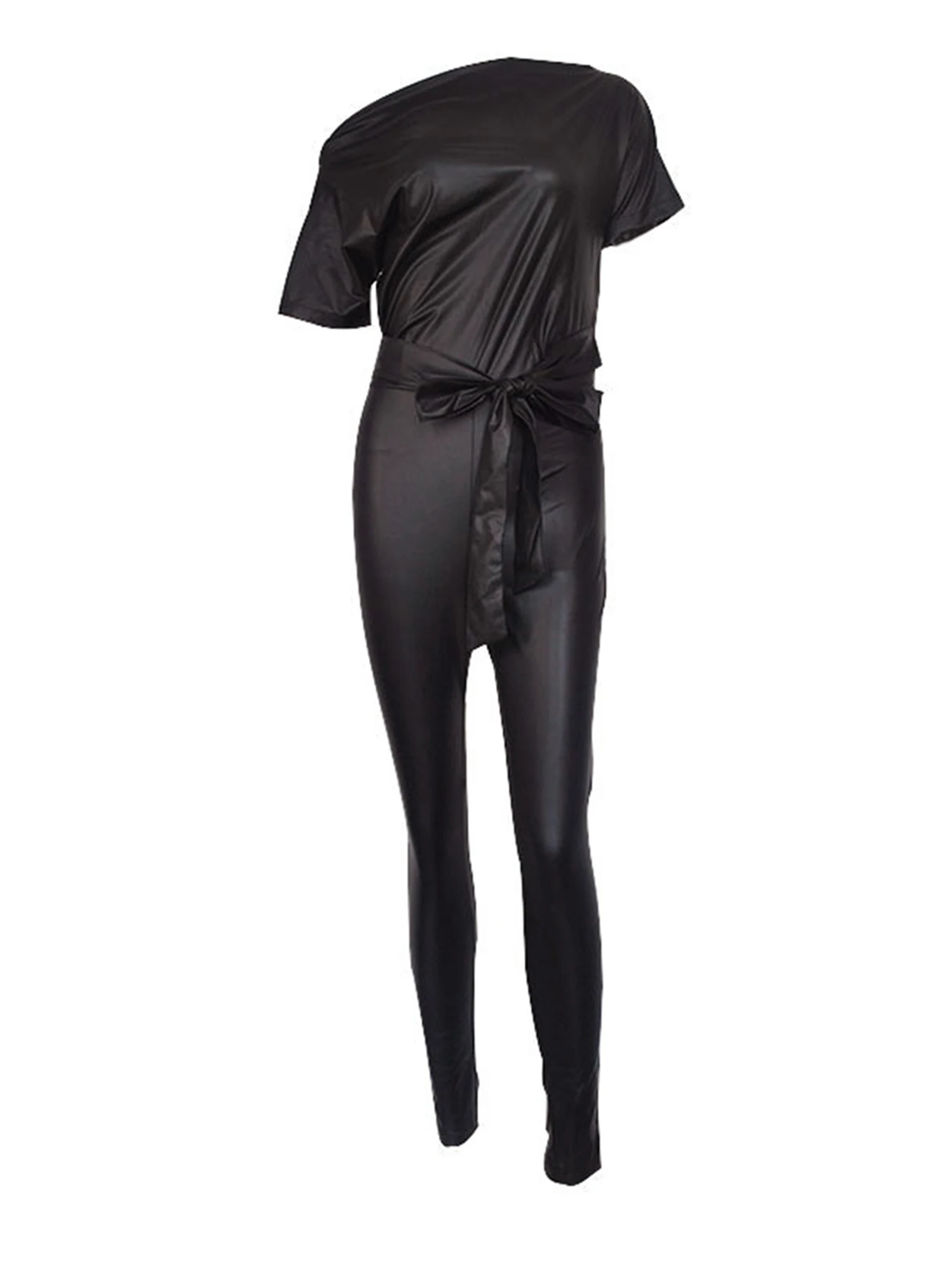 

2020 New Fashion Women PU Leather Romper Sexy Black Crew Neck Wet Look Bodycon Bandage Party Club Jumpsuits