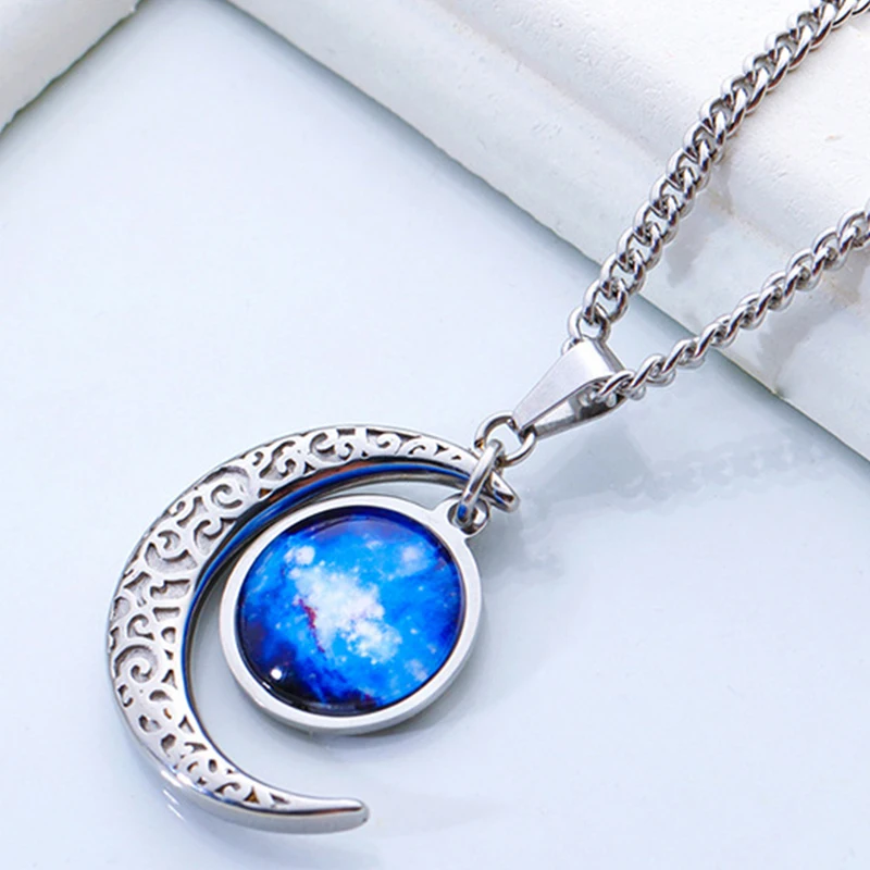 Модное ожерелье с подвеской звездное небо Луна камень из нержавеющей стали кулон