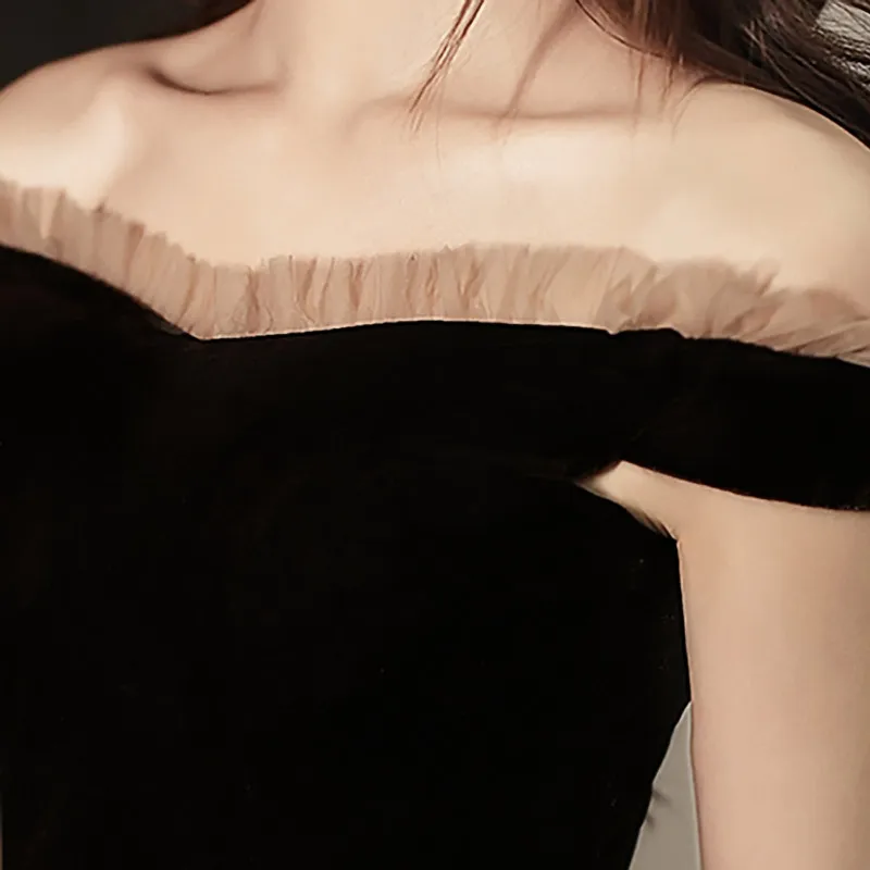 

Evenging Dresses Coffee Velour Stitching Ruffles A-line Floor-length Plus size Customized Off the Shoulder Formal Dress R1584