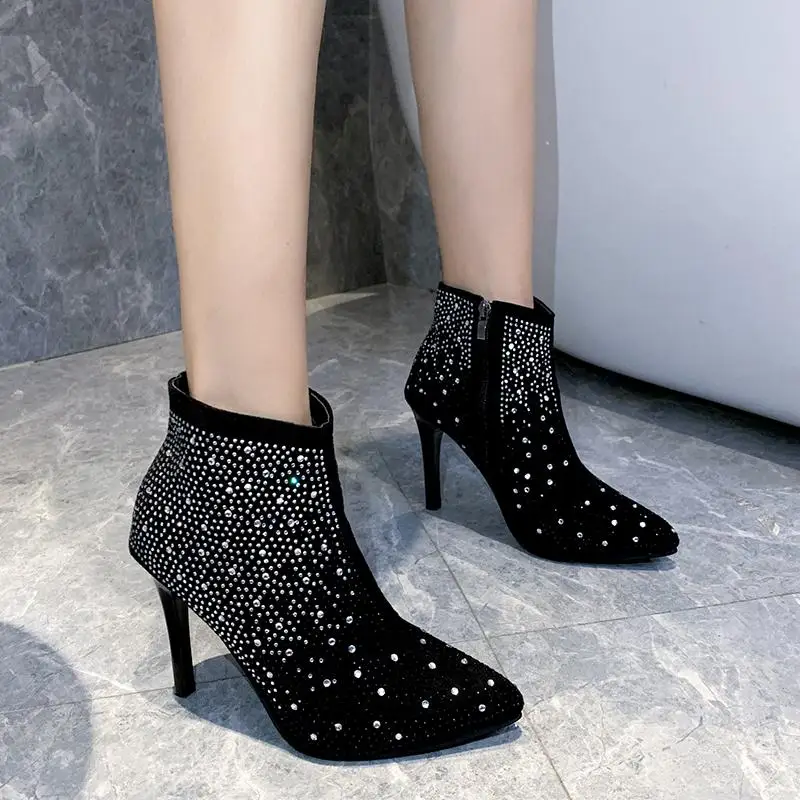 

2021Women's Short Boots Rhinestone Ankle Boots Pointed toe High Heeled Shoes Winter Female Slim Shoes Side Zipper Black Blue