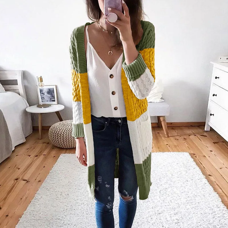 

Women Striped Print Patchwork Twist Sweater 2021 Autumn Long Sleeve Slim Tops Cardigan Winter Pocket Warm Knitted Sweater Jumper