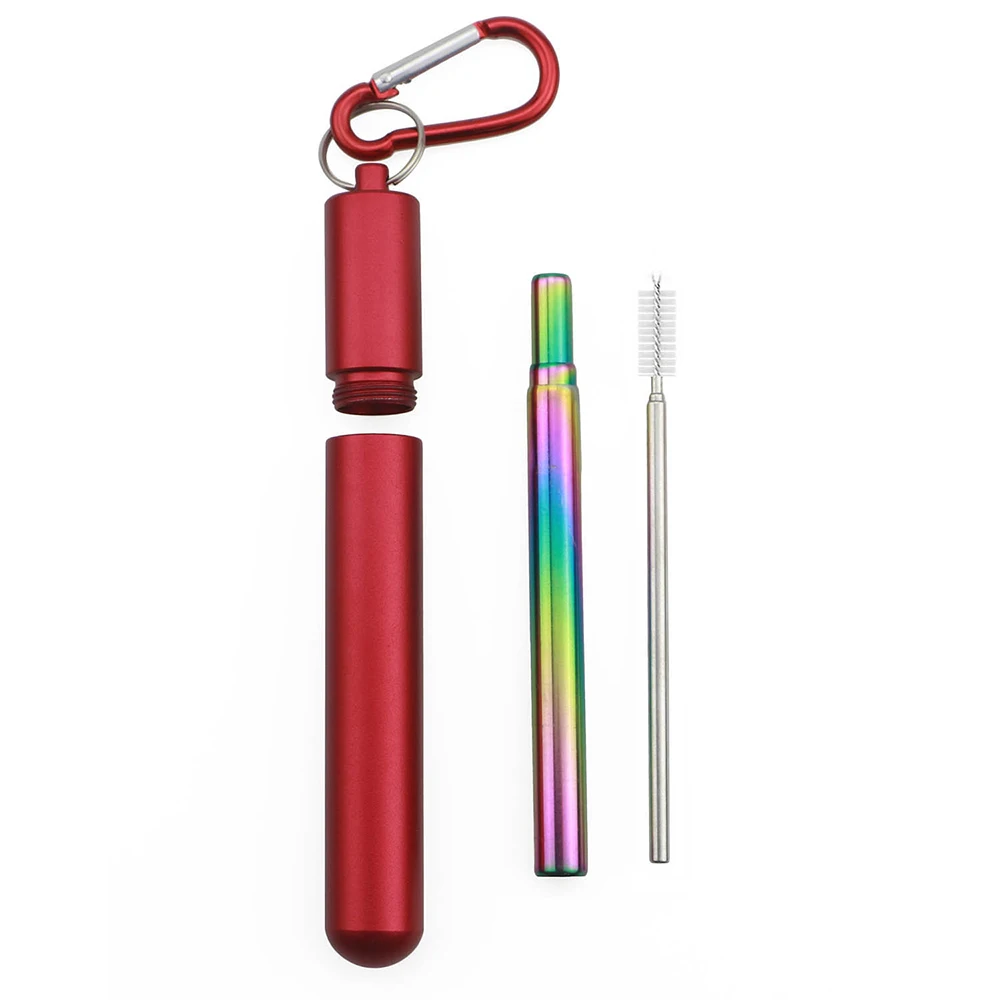 rainbow red Складная телескопическая металлическая соломинка из нержавеющей стали 304, портативная соломинка для питья, для путешествий, кемпинга, многоразовая соломинка с чистящей щеткой - Цвет: rainbow red
