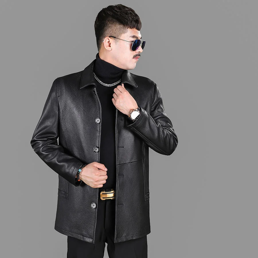 

End High Deerskin Leather Coat Men's Polo Collar Middle-aged Men's Genuine Leather Windbreaker Single Leather Coat