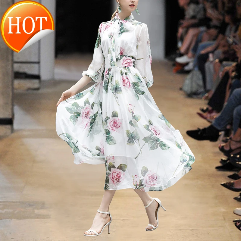 

women's 2021 new lace up butterfly collar high waist slim rose print swing long dress