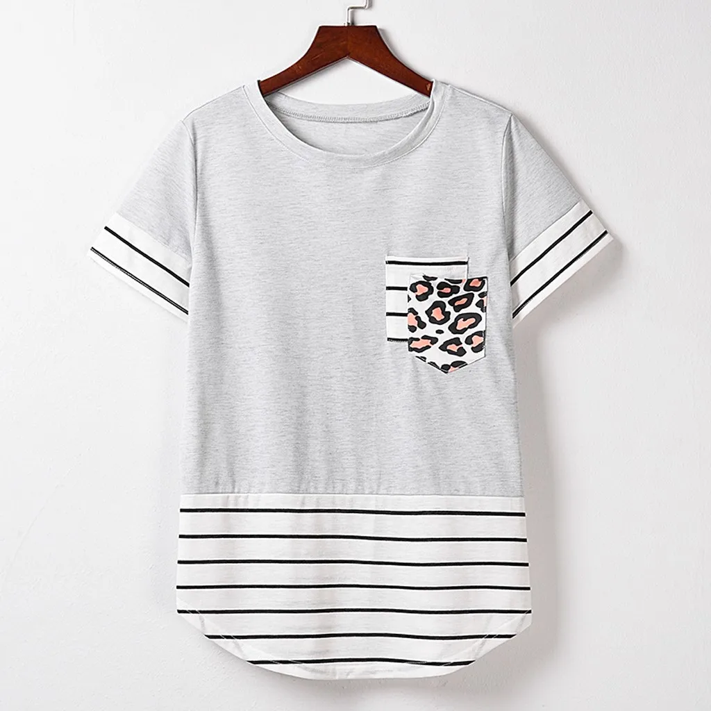 

Fashion Leopard Print Blouse Shirt Sequin Pocket O-Neck Tops Tee Casual Summer Ladies Female Women Short Sleeve Blusas Pullover