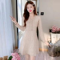 2021autumn winteknittingdress woman elegant korean evening long sleeve v neckbutton plaid sexy mini for women party dresses