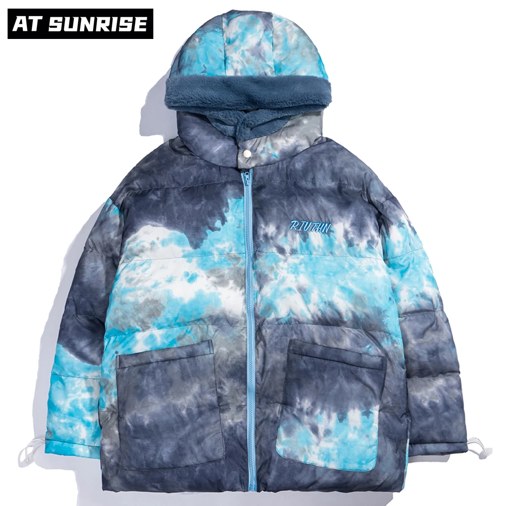 

2021 winter Tie dye Hip Hop Jacket Parka Men Streetwear Hooded Jacket Harajuku Cotton Winter Padded Jacket Coat bubble jacket