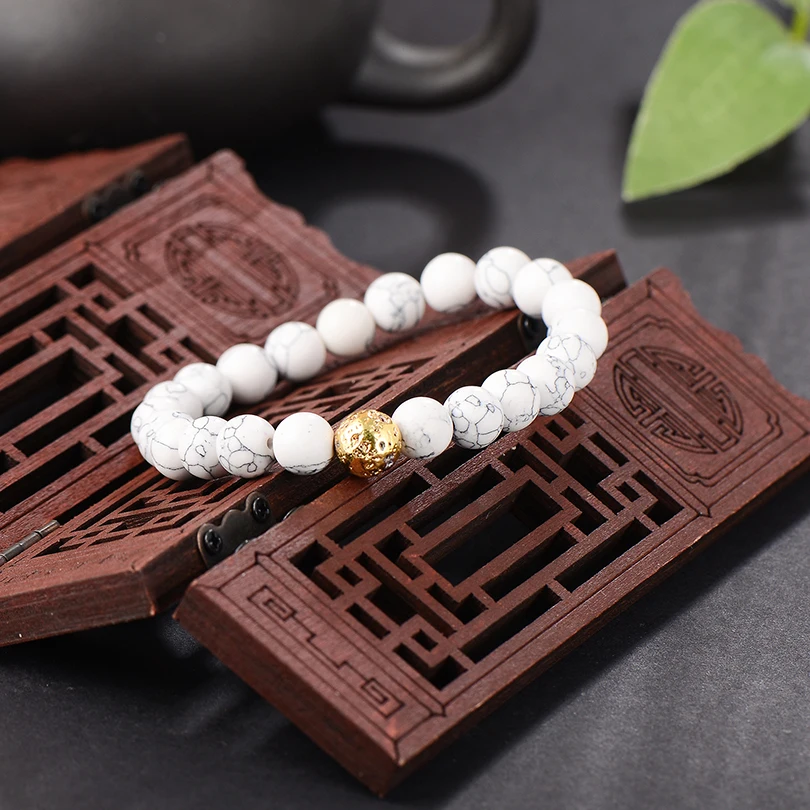 2Pcs/Set Gold Volcanic Stone Bracelet Set Women Men Jewelry Trendy White and Black Beaded Bracelets Couple Gift Pulsera Hombre | Украшения