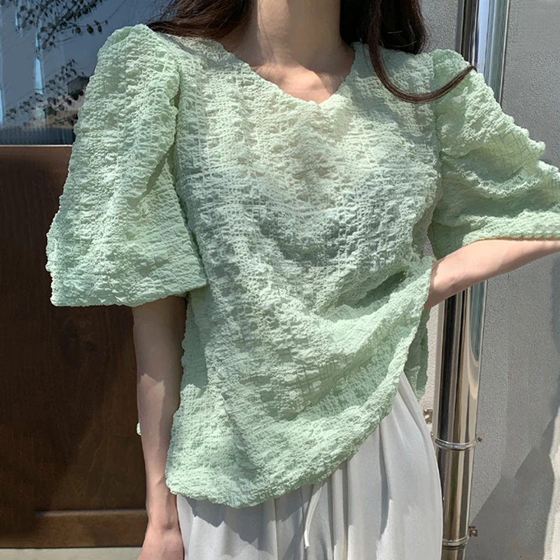 

Korejpaa Women Shirt 2021 Summer Korean Chic Gentle Temperament Tender Green Round Neck Pleated Design Loose Puff Sleeve Blouses