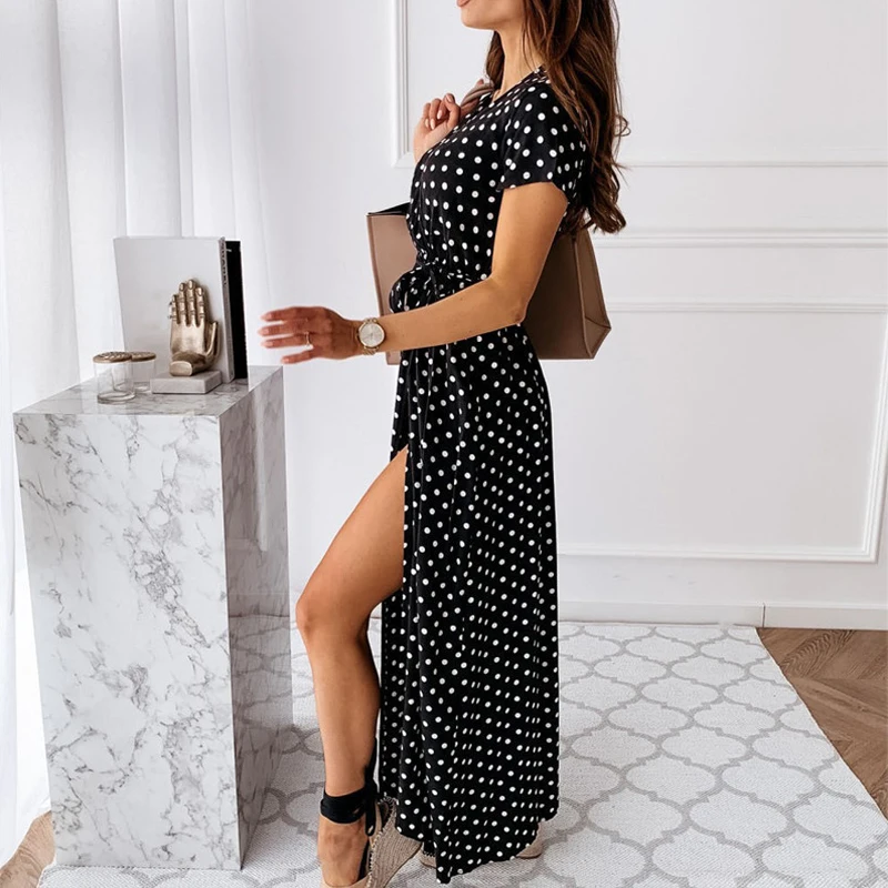 

Summer Women's Dress 2021 Fashion Casual Polka Dot Split Boho Dresses Women Long Party Dresses Sundress Female Clothing Femme