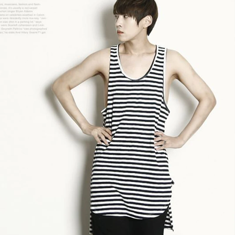 

Spring and summer new Korean version of the pinstripe loose long unequal-edged bottoming vest large size front short back long b