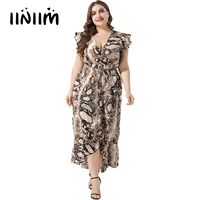 womens snakeskin printed plus size cocktail dress v neck belted dress holiday travel beach ladies short sleeve ruffled dresses