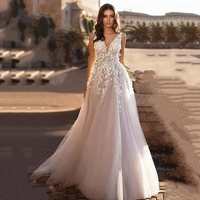 boho charming wedding dress 2021 v neck lace appliques backless sleeveless tulle bride gown princess custom made robe de mari%c3%a9e