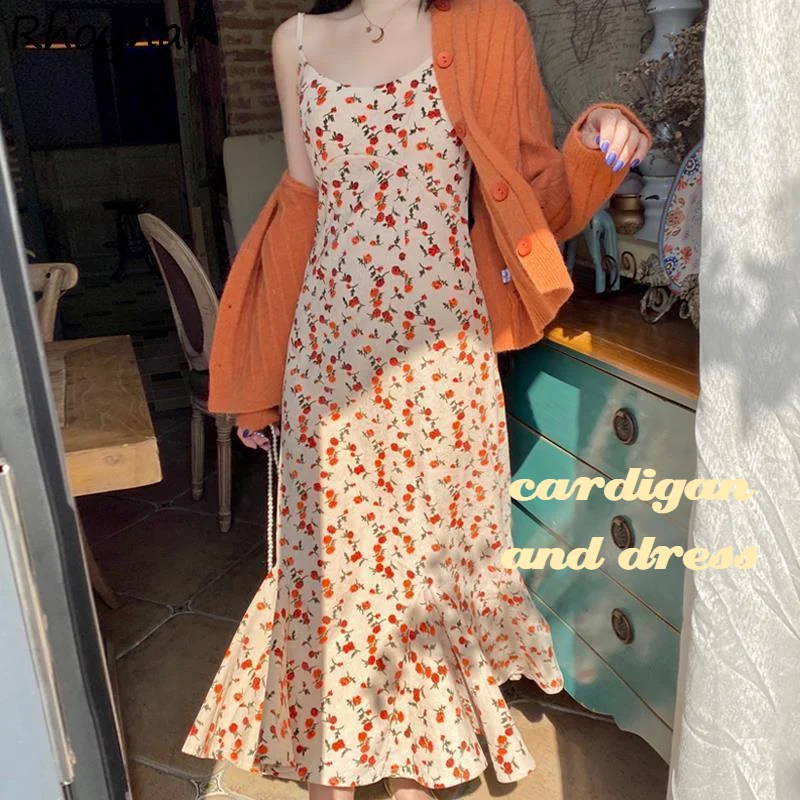 

Женский Повседневный однобортный Кардиган, милое платье до середины икры без рукавов с цветочным принтом, кардиганы с круглым вырезом для д...