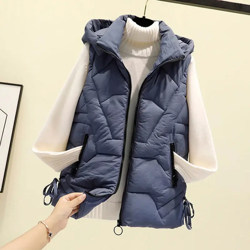

Woman Loose Hooded Jacket Vest Female Autumn Winter Warm Thick Cotton-Padded Waistcoat Women's Casual Solid Sleeveless Vest R42