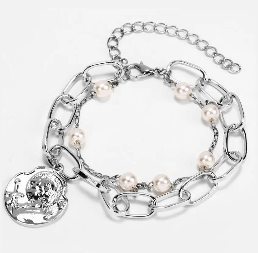 Silver Head KMVEXO Новинка барокко имитация браслеты из жемчуга Золотой Металл ручной ювелирные изделия голова монета сердце звезды браслет браслеты для женщин Девушка - Окраска металла: Silver Head