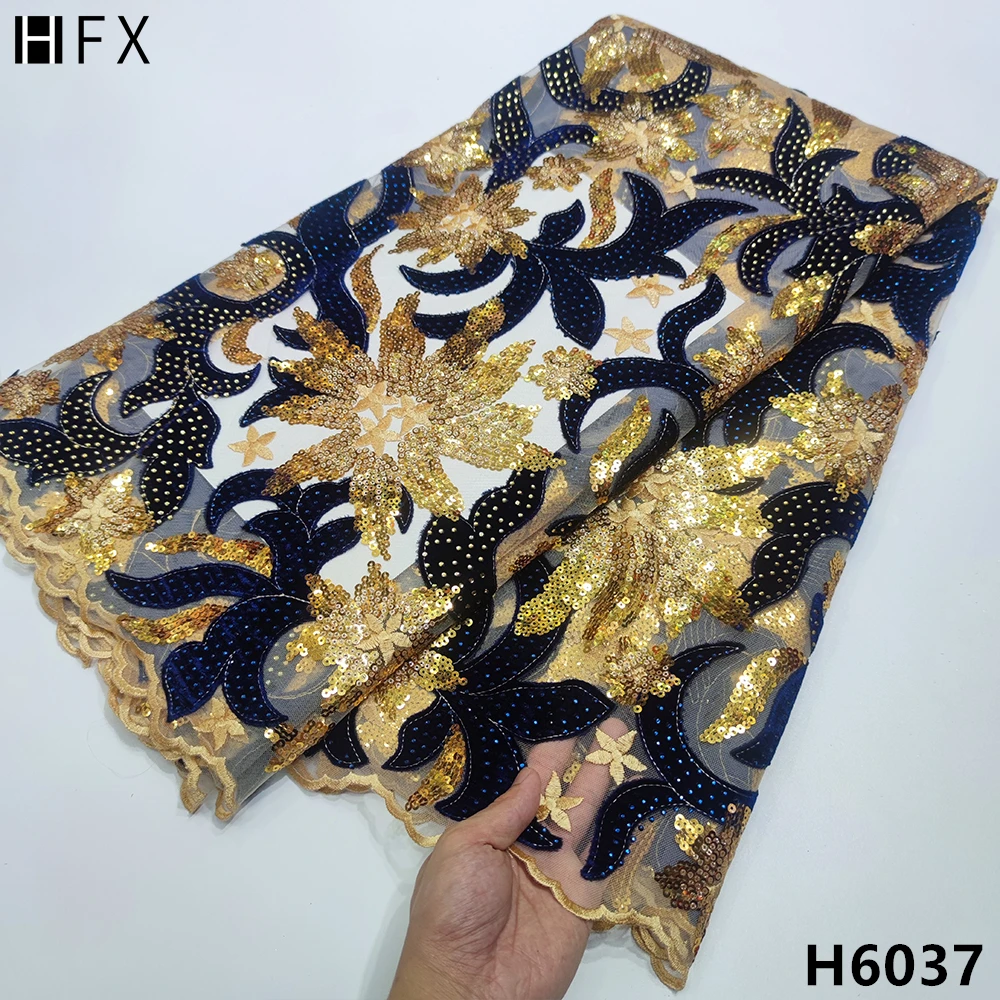 

HFX New Style Nigerian French Velvet Lace Fabric With stones 2021 High Quality Africa sequins Lace Fabric 5Yard For Sewing H6037