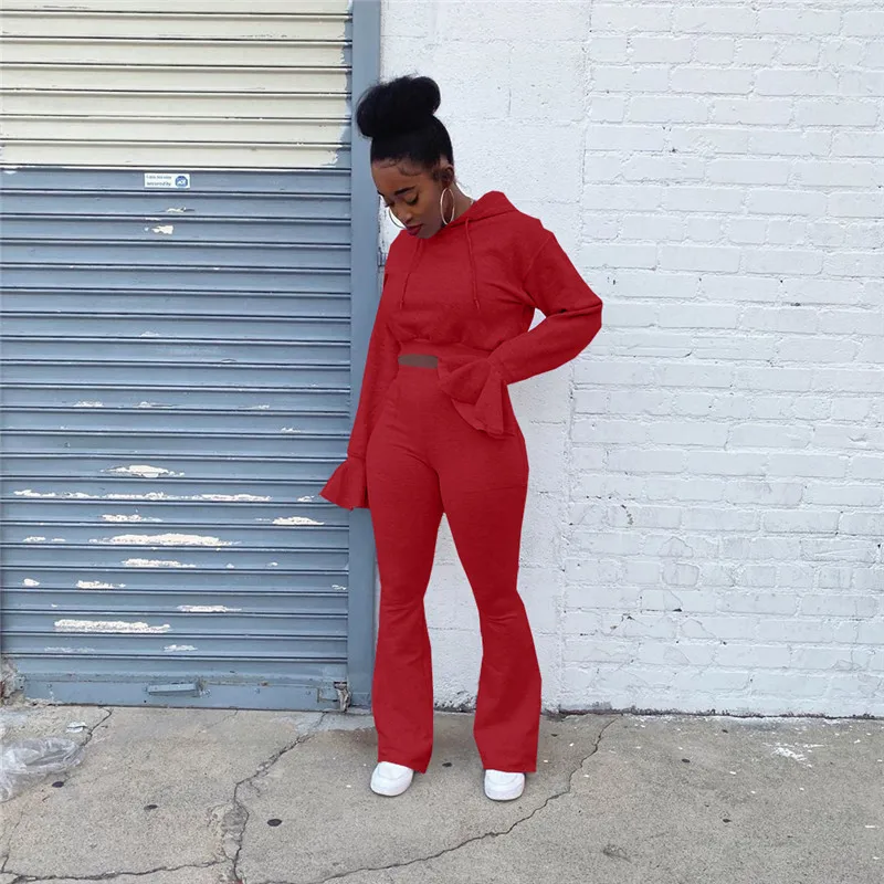 

Casual Tracksuit Women Flare Sleeve Hoodie Sweatshirt And Pants Women Solid Clothes Set Warm Autumn Female 2 Piece Set Plus Size