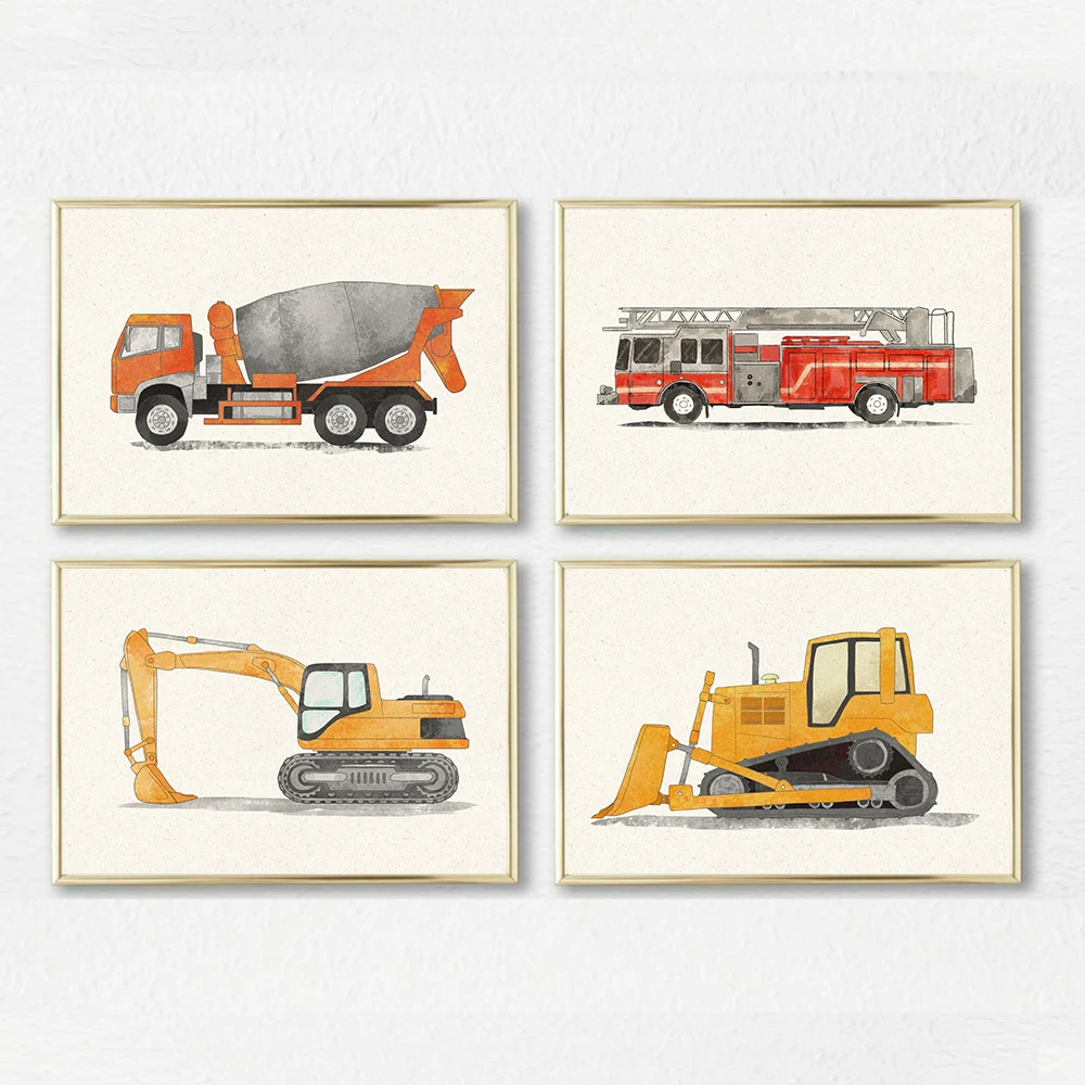 

Construction Vehicle Child Poster Wall Art Canvas Fire Truck Bulldozer Print Nursery Painting Nordic Boy Bedroom Decor Pictures