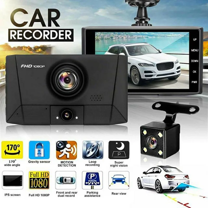 

4'' HD 1080P 3 Lens Car DVR Dash Cam Vehicle Video Recorder Rearview Camera 170Â° Car rear view camera Car video recorder