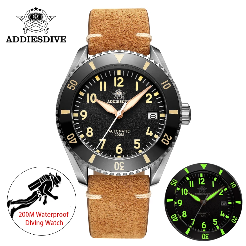 

AddiesDive luxury Pilot men watch sapphire crystal NH35 automatic watches super C3 luminous Ceramic bezel retro 200m diver watch