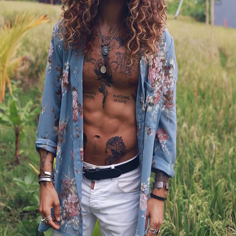 

Повседневная пляжная рубашка в гавайском стиле для отдыха, мужская Свободная рубашка с длинным рукавом и цветочным принтом, модные пляжные ...