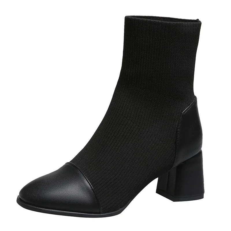 

2019 elastic socks boots Women's square head thin boots autumn single boots all-match thick heel short boots