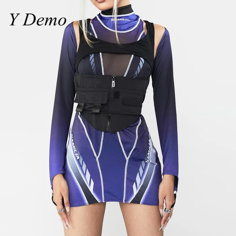 

Y Demo Techwear Rock Hollow Out Transparent Long Sleeve Dress For Women Casual Streetwear Party Dress