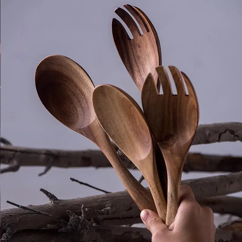 

2 PCS Long Handle Rice Scoop Forks Wooden Salad Cooking Spoon Fork Set Unpainted Mixing Spoon Kitchen Tableware Gadgets