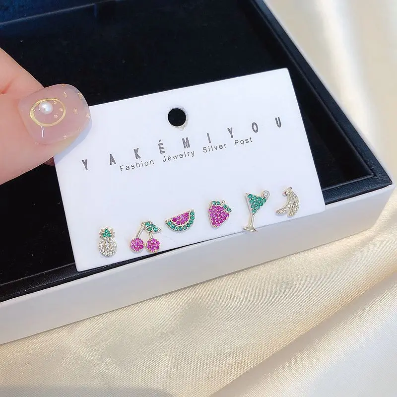 

Delicate 6pcs Colorful Crystal Cocktail Fruit Stud Earrings Set Gold Color Cubic Zircon Women Earrings Jewelry