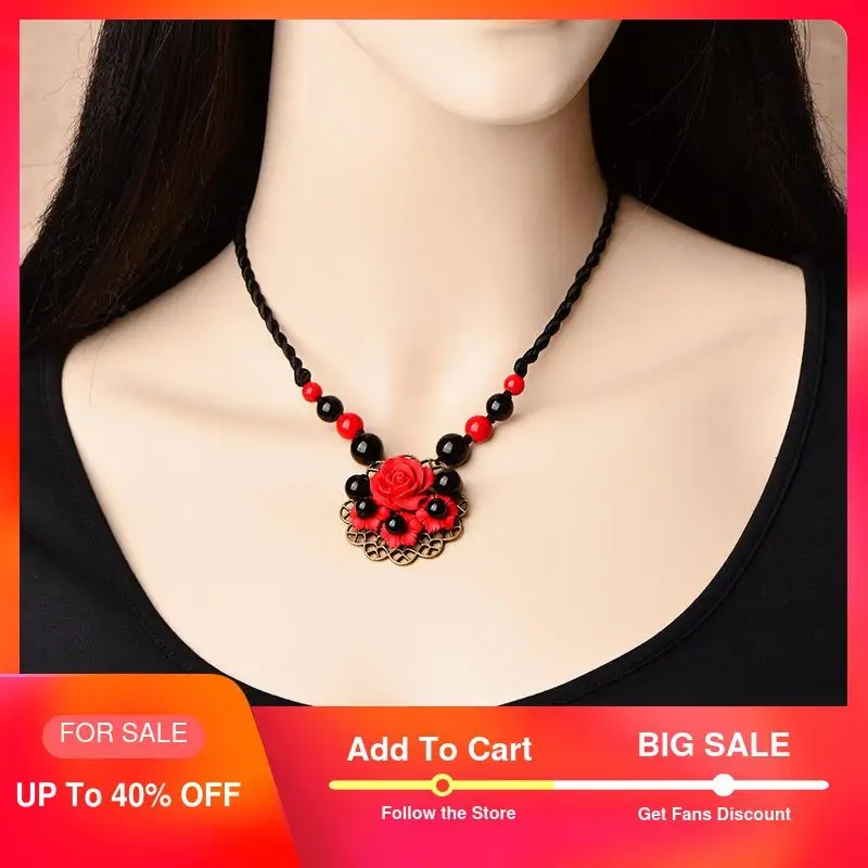 

Vintage Choker Statement Necklace Women Ethnic Chain Red Rose Flower Necklace Black StonePendants Necklaces Dropshopping 2019