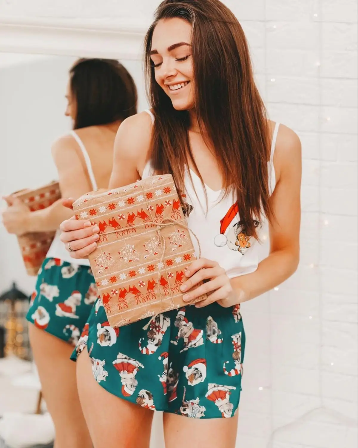 Рождественский пижамный комплект Telige с V образным вырезом и принтом без