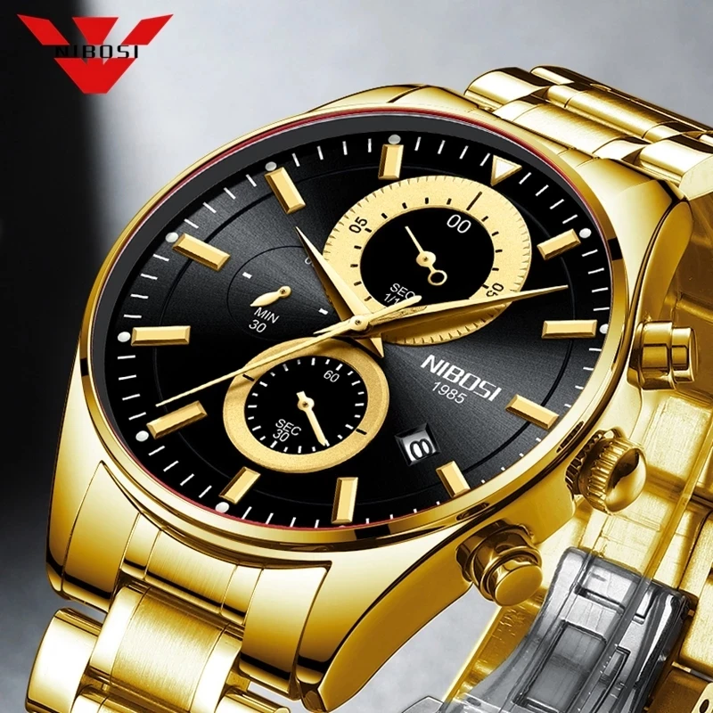 

Часы наручные NIBOSI Мужские кварцевые, брендовые Роскошные водонепроницаемые золотистые модные многофункциональные с хронографом