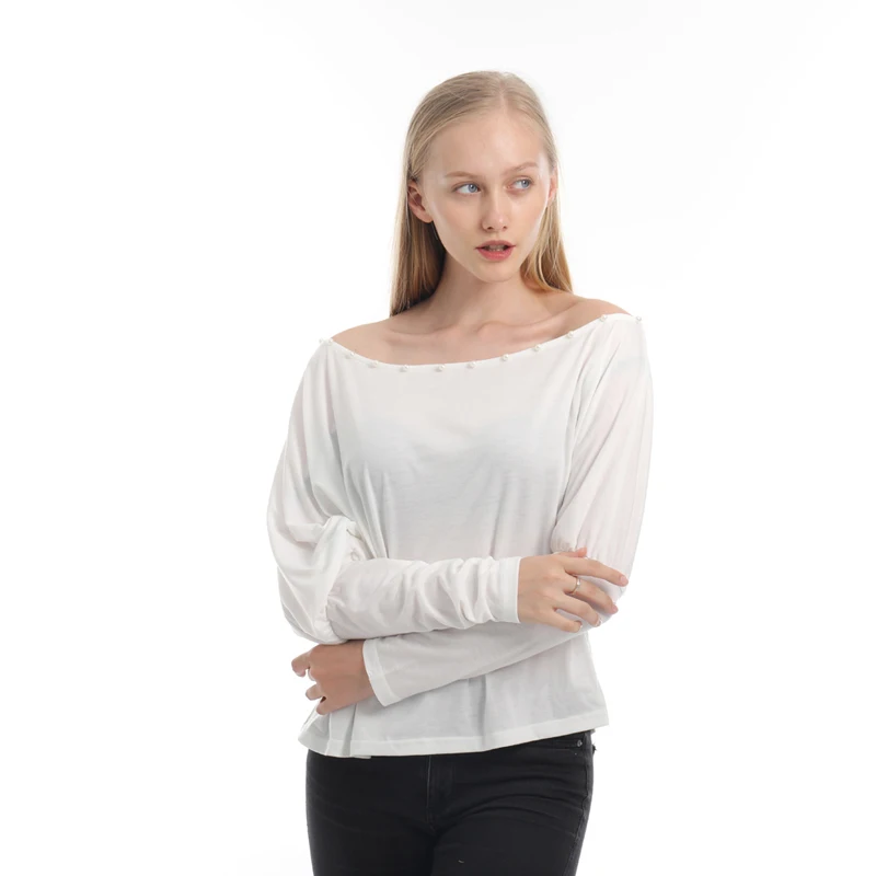 

GAOKE Solid Batwing Sleeve Beading Womens Tee Shirts Autumn Womens T shirts Casual Ladies Gray White Long Sleeve T shirt