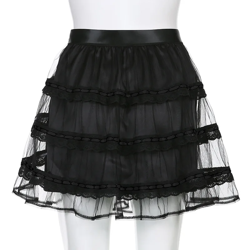 

Gothic Mesh A-line Skirt Summer Women Sexy Solid Colors High Waist Goth Punk Mini Skirts 2021 New Fashion Cool Girl Streetwear
