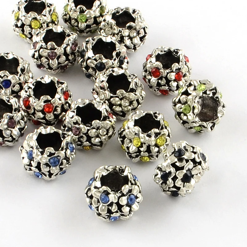 50pcs Antique Silver Plated Alloy Rhinestone Large Hole European Beads Rondelle with Leaf Mixed Color 9x7mm | Украшения и