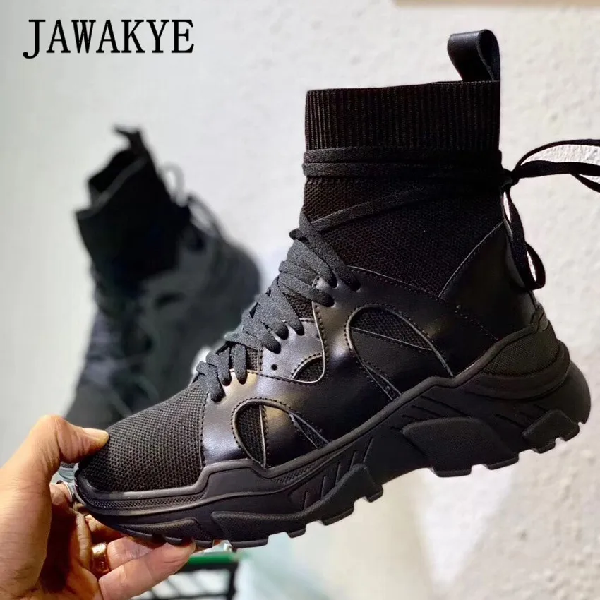 Black JAWAKYE/вязаные носки на шнуровке; ботильоны; женская обувь на эластичной платформе; сезон осень; Цвет черный, бежевый; женские повседневные короткие ботинки; botas mujer - Цвет: Black