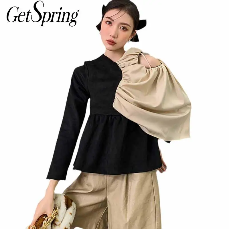

GetSpring женская футболка Лоскутная с открытыми плечами плиссированная футболка Асимметричные женские топы Модные летние футболки Асимметри...