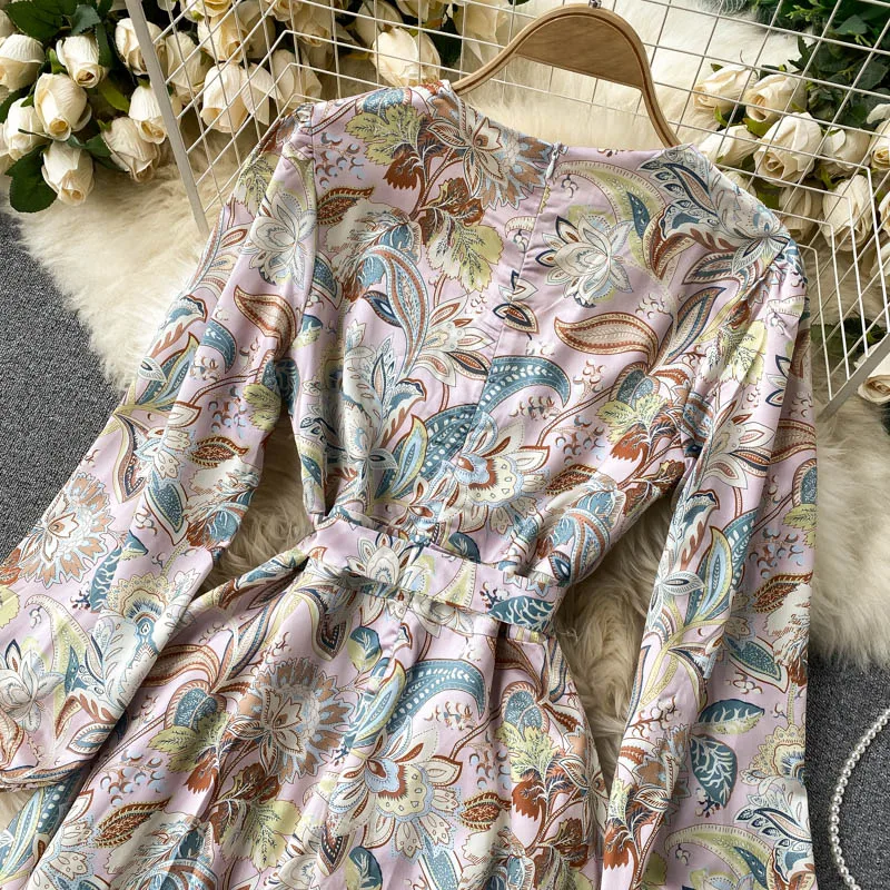 

Spring Autumn Bohemian Printed Long Dress Women Sexy Deep V-Neck Puff Sleeve Single Breasted High Waist Vestidos Female Fashion