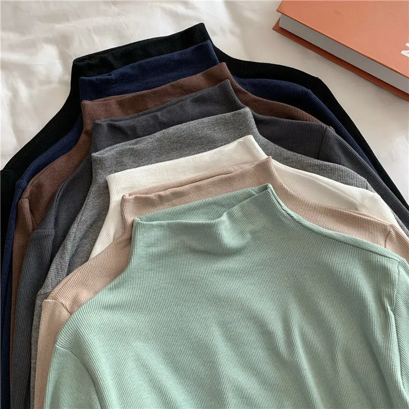 

Women's Elegant Long Sleeve T Shirt 2021 Spring Autumn Solid Color Turtleneck Tees Slim Bottoming Shirt Top Ladies Casual Tshirt